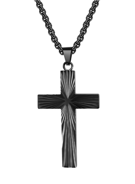 嘻哈男女钛钢光芒折线十字架项链
