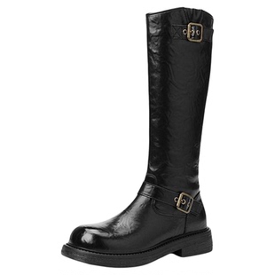 星期六厚底长筒靴女侧拉链2025冬新款英伦风加绒机车靴高筒瘦瘦靴