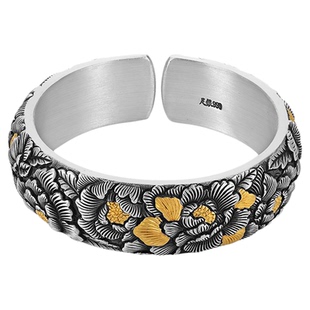 银千造 盛世牡丹足银999泥鳅背大克重镶金银手镯牡丹花银镯送妈妈