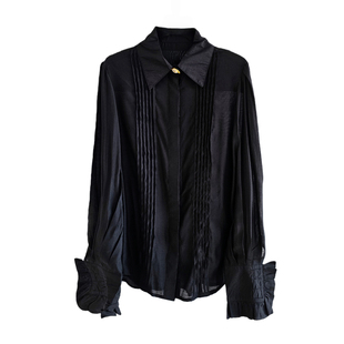 知性学术风老钱风金属扣装饰褶皱衬衫女长袖荷叶边衬衣设计感上衣