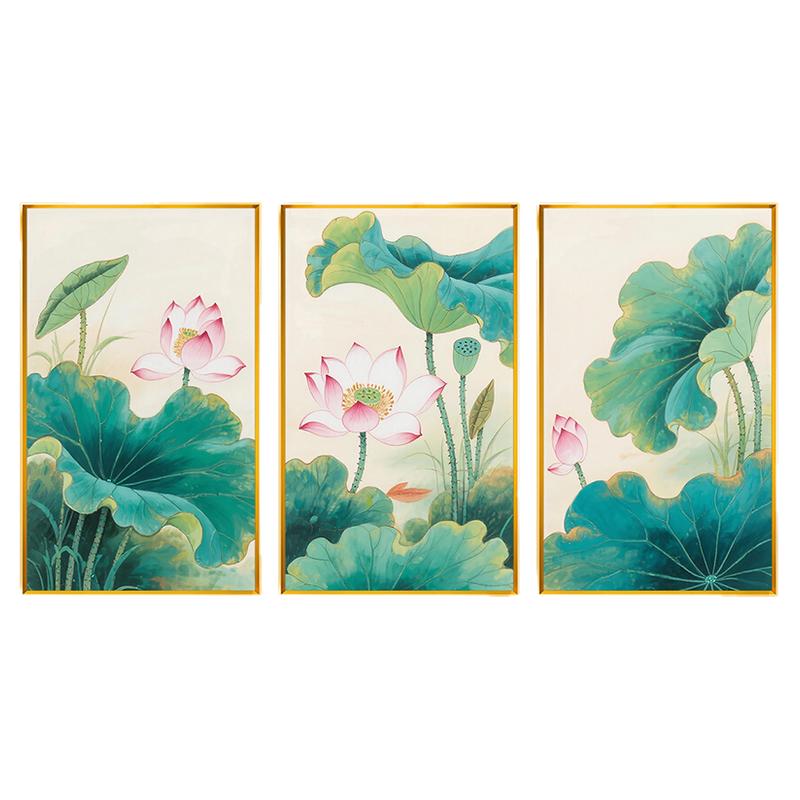 莲花荷叶现代三联画客厅十字绣2026新款自己手工线绣精准印花全绣
