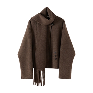 她池绵羊毛外套2025冬装新款女装时尚圆领宽松款双面呢短款上衣