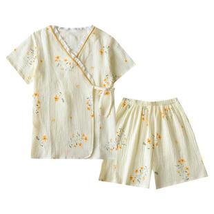 纯棉纱布睡衣女夏薄款绉布简约清新和服式系带短袖短裤家居服套装