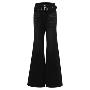 uhot/诱货黑色双腰节牛仔微喇裤经典宽腿复古怀旧质感 UWWW3K770M