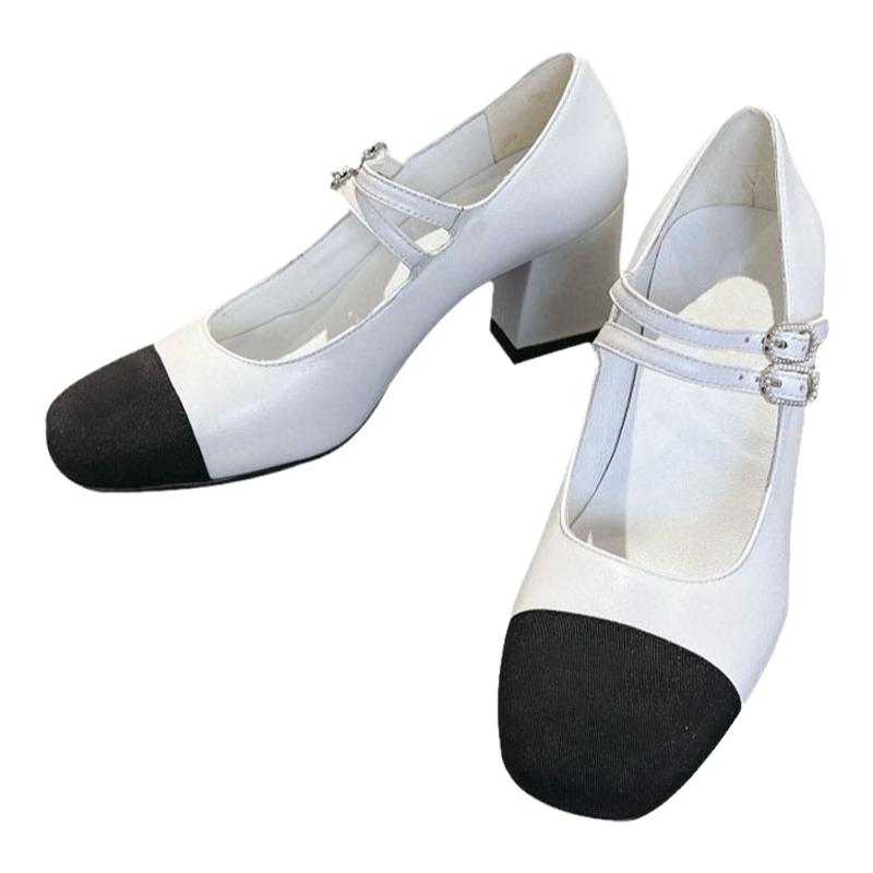 经典小香风拼色双带水钻扣玛丽珍高跟鞋2024新款真皮粗跟单鞋高端