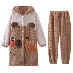 冬季儿童睡衣加厚法兰绒睡袍男童小孩珊瑚绒卡通中长款家居服套装