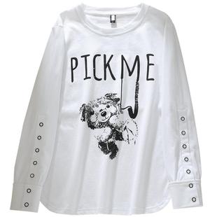 纯棉宽松大码卡通字母图案长袖t恤卫衣女春秋冬装圆领加绒打底衫