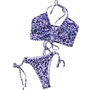 欧美风性感挂脖豹纹印花抽绳系带聚拢沙滩三点式比基尼女分体泳衣
