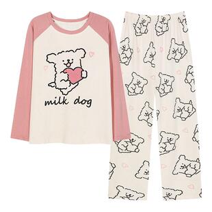 纯棉睡衣女款春装2026新款长袖长裤带胸垫春秋季卡通可爱家居服