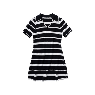 晶咕白标DADATATA【韵律织纹】100棉横条纹V领大码mm针织连衣裙