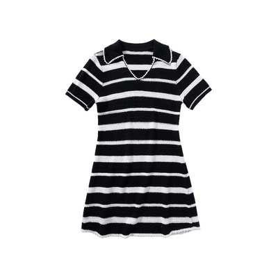 晶咕白标DADATATA【韵律织纹】100棉横条纹V领大码mm针织连衣裙