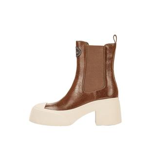 JISEAS烟筒靴女款2025秋冬新款小众加绒粗跟厚底真皮切尔西短靴