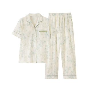 芬腾可安带胸垫睡衣女纯棉短袖长裤薄款夏天女士大码宽松家居服装