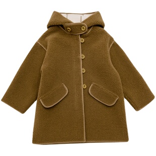 女童冬季中长款连帽外套儿童中大童毛呢大衣洋气羊羔绒加绒童装潮