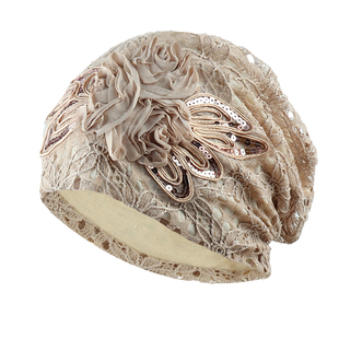 女士帽子春秋堆堆帽透气薄款夏季花朵帽头巾帽蕾丝包头帽遮白发帽