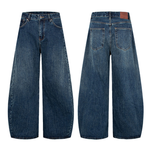 经典弯刀廓形复古牛仔裤男女可穿高腰宽松做旧牛仔阔腿裤休闲裤子