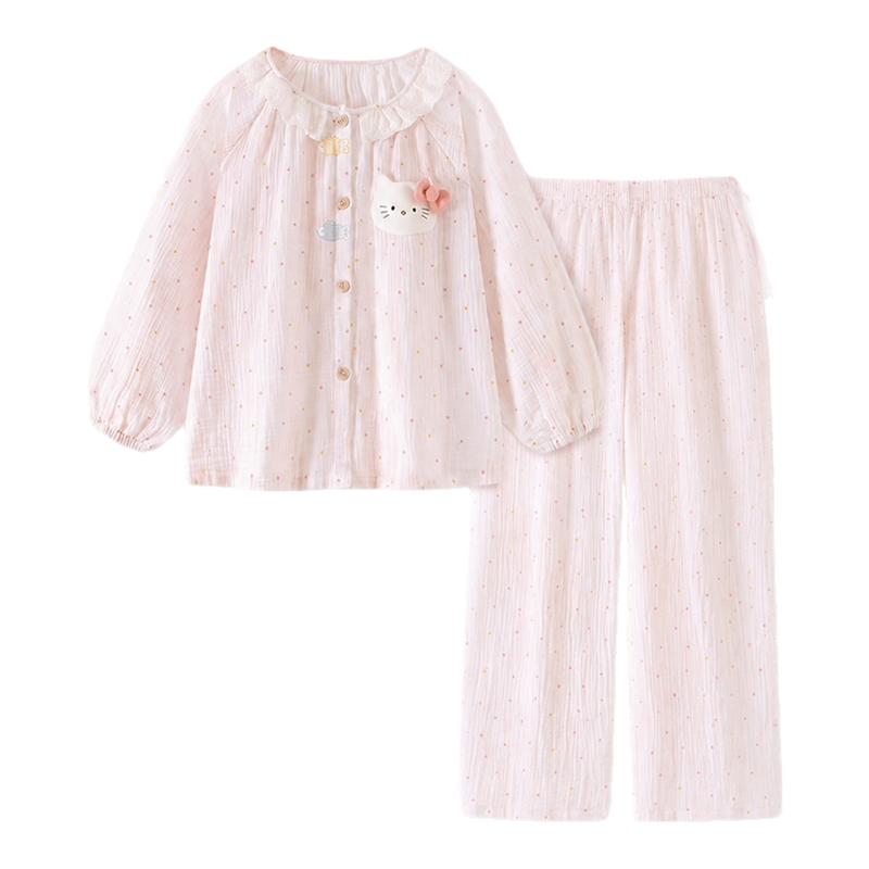 公主风女童家居服春秋新款纯棉纱布可爱小猫女宝宝长袖睡衣两件套