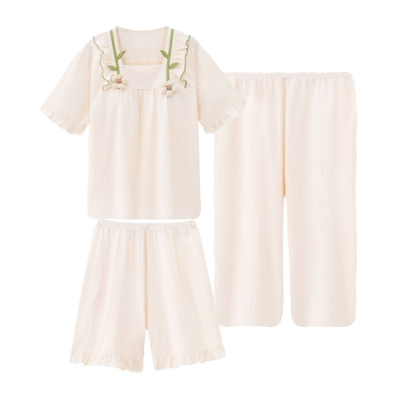 母女带胸垫夏季短袖纯棉家居服