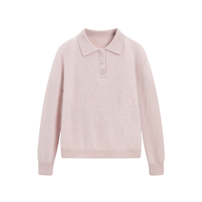 KBNE山羊绒翻领白色毛衣女装2025冬季新款宽松显瘦POLO领毛衫上衣