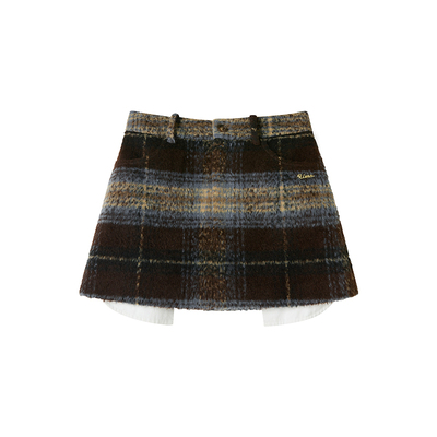 Uena米棕拼色毛呢半身裙