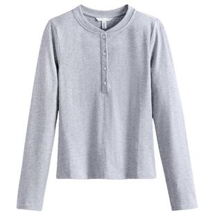 HM女装T恤春季舒适棉质长袖圆领亨利打底衫上衣1000022