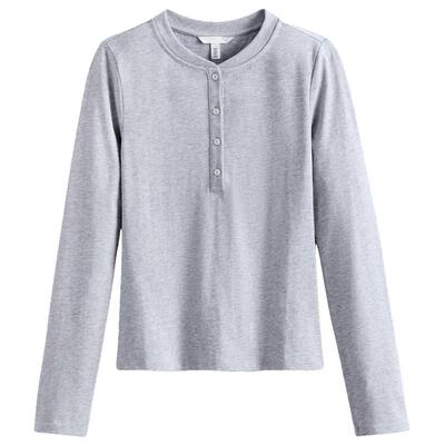 HM女装T恤夏季舒适棉质长袖圆领亨利打底衫上衣1000022