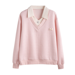 假两件polo领卫衣女秋冬季加绒加厚宽松大码小个子初中生上衣外套