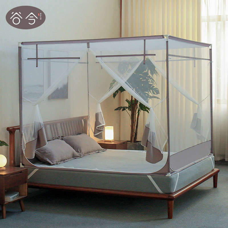 谷今新款高档T门家用蚊帐防摔儿童支架固定加密加厚拉链式三开门