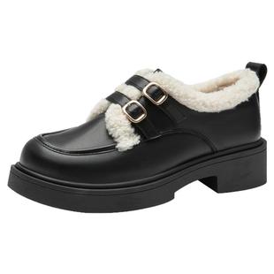 大东加绒乐福鞋女2025新款冬外穿毛毛鞋保暖棉鞋黑色英伦风小皮鞋