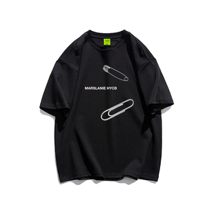 纯棉美式韩系慵懒chic短袖t恤女夏季黑色正肩宽松小众设计感上衣