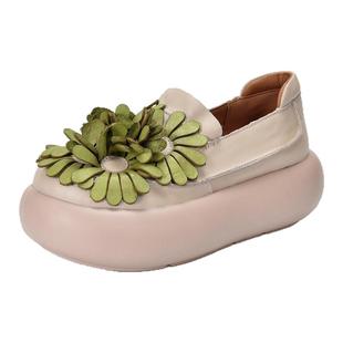 四月倾城复古手工真皮花朵女鞋轻便厚底松糕鞋新款秋季民族风单鞋