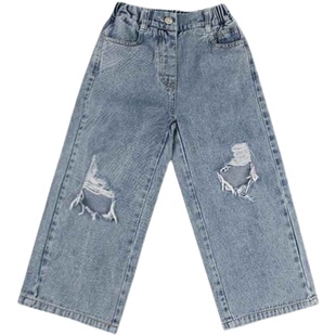 女童装牛仔裤春秋装2025新款破洞长裤宽松洋气乞丐裤网红直筒裤子