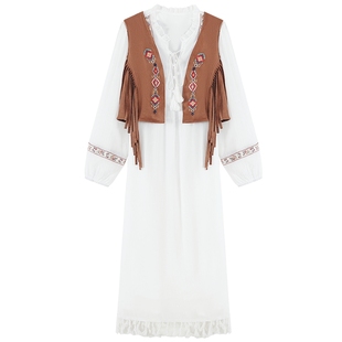 慕兔民族风流苏马甲套装裙女秋2025新款复古坎肩背心连衣裙两件套