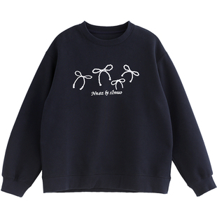 诺诺公主S1N初中生圆领卫衣女春季加绒蝴蝶结印花藏青色套头上衣