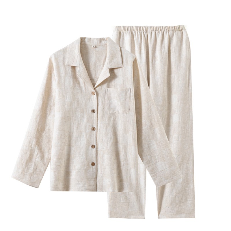 简约纯色棉麻睡衣情侣款夏季薄外穿款春秋女士套装男可家居服长袖