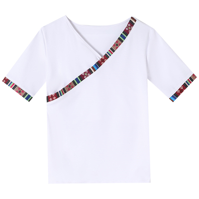 藏族舞蹈练功服上衣v领广场舞牛奶丝弹力长短袖民族舞台演出服装