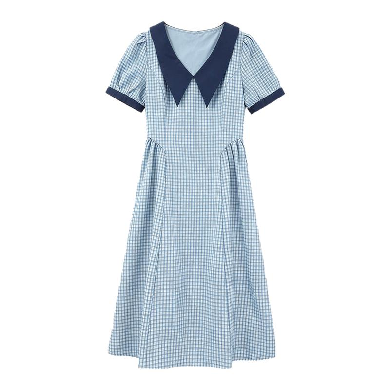 弥古撞色翻领短袖格子连衣裙女高级感2026夏季设计感收腰纯棉裙子