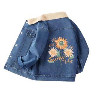 真维斯童装女童外套秋冬款大童羊羔绒加厚保暖衣儿童冬装牛仔夹克