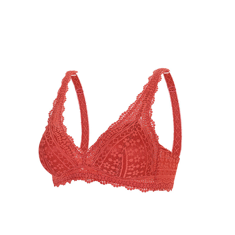 结婚新娘红色内衣女小胸无钢圈薄款性感法式三角杯本命年蕾丝文胸