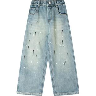 【软软牛仔】重工潮牌 涂鸦点点泼墨牛仔裤直筒裤子不褪色男童