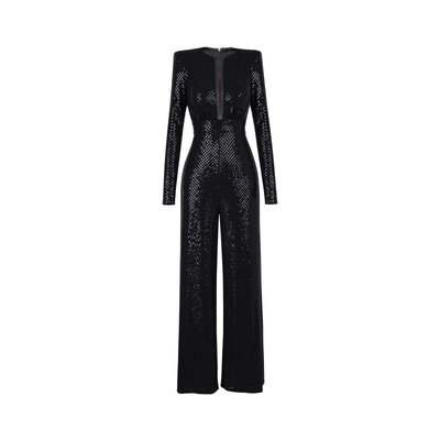 XULU原创欧洲进口亮片缀饰网纱透视拼接性感轻奢收腰阔腿连体裤