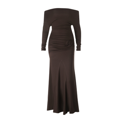 一字肩玫瑰花长袖连衣裙女