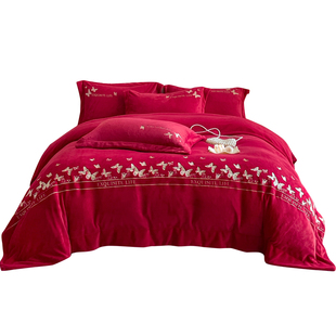 秋冬季婚庆牛奶绒床盖四件套双面加厚蝶舞刺绣珊瑚绒被套结婚床品