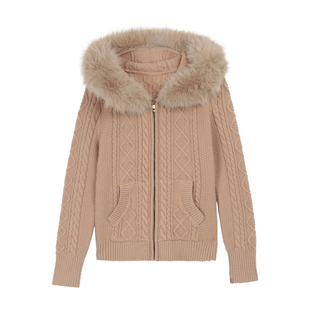 pusumede 回头率密码 可拆卸毛领连帽麻花针织开衫女修身毛衣外套