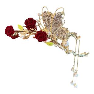 古风红色玫瑰蝴蝶流苏发夹女后脑勺大号抓夹高级感鲨鱼夹子头饰