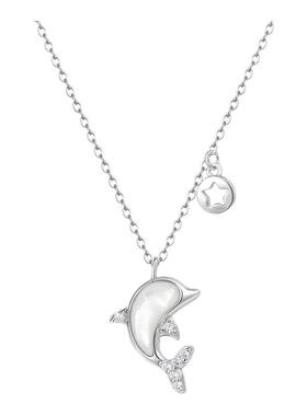 S999纯银白贝海豚吊坠项链女微镶锆石时尚经典情人节礼物锁骨链