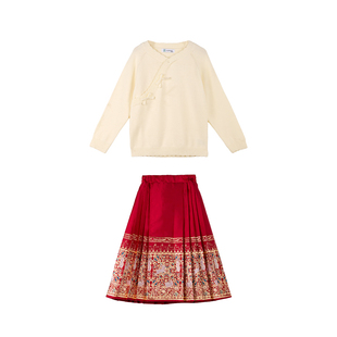 元旦~女童毛衣2025冬季新款中大童保暖新中式针织衫+马面裙套装