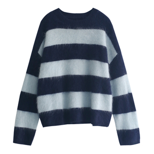 徐大脸吖定制 6羊绒94羊毛蓬松拉毛针织衫秋冬云朵宽松条纹毛衣女