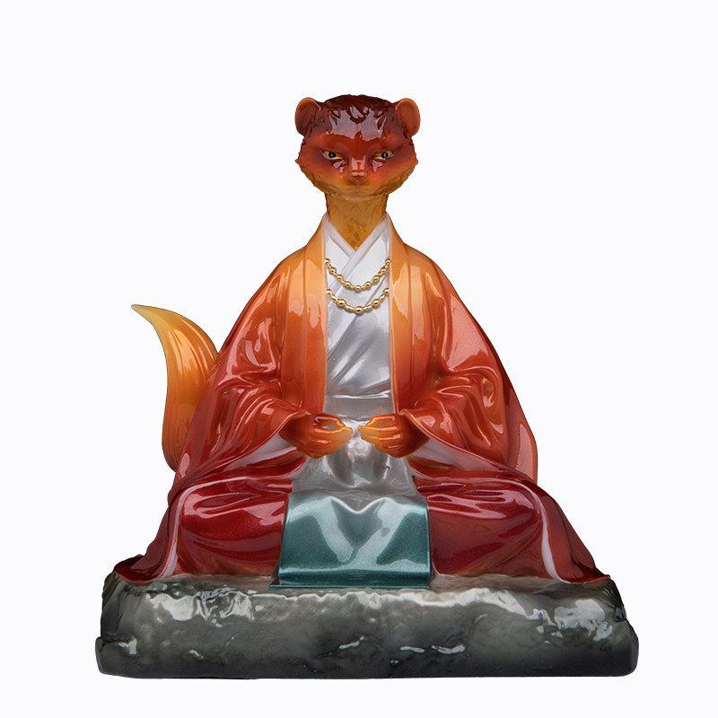 狐黄常蟒真身汉白玉彩绘摆件