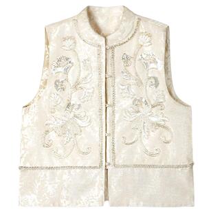 ROCO国风新中式系列 立体钉珠花朵光泽感亮片珍珠扣对襟马甲上衣